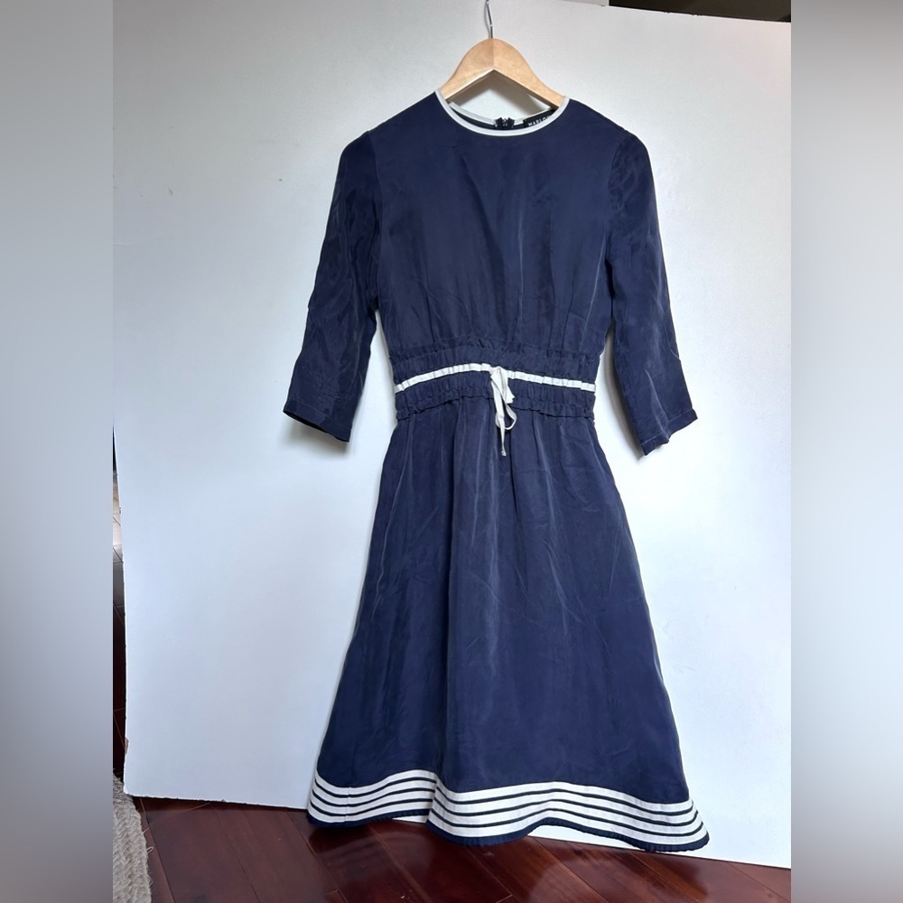 Marlowe midi dress navy with white trim silk size small classic - Picture 2 of 7
